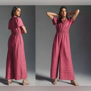Anthropologie The Somerset Jumpsuit in Pink Wide Leg Cottagecore Contemporary